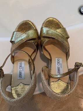 Jimmy Choo Metallic Gold Espadrille Wedge Sandals